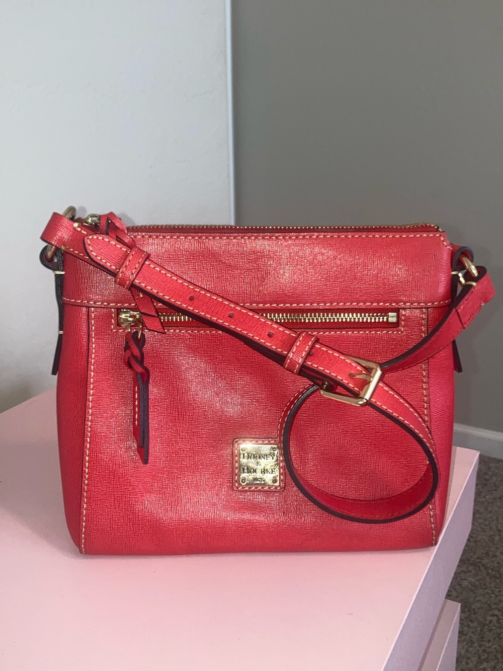 Dooney & Bourke Coral-Red Leather Crossbody with Gold Hardware